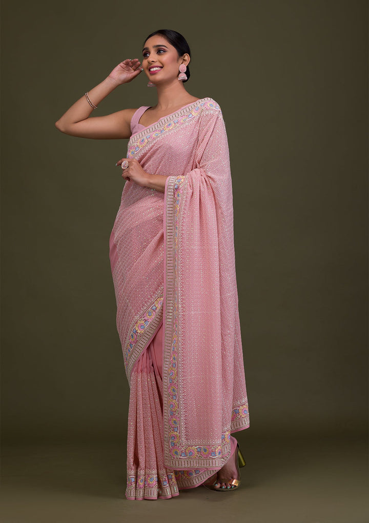 Peach Threadwork Georgette Saree-Koskii