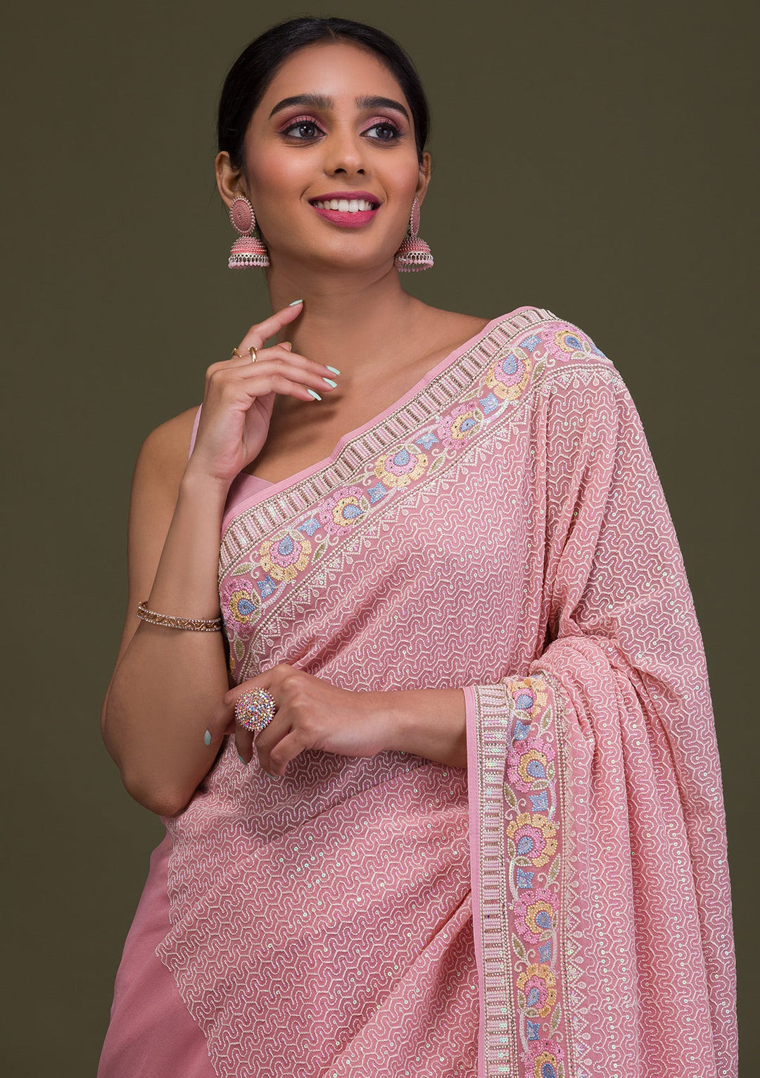 Peach Threadwork Georgette Saree-Koskii