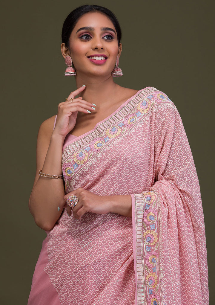 Peach Threadwork Georgette Saree-Koskii