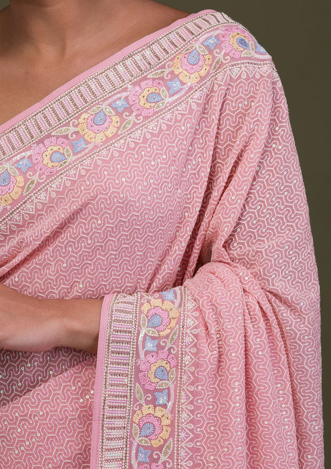 Peach Threadwork Georgette Saree-Koskii