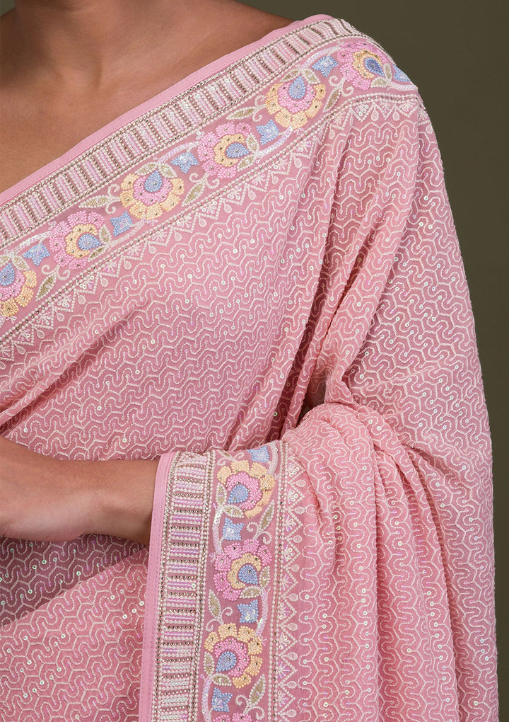 Peach Threadwork Georgette Saree-Koskii
