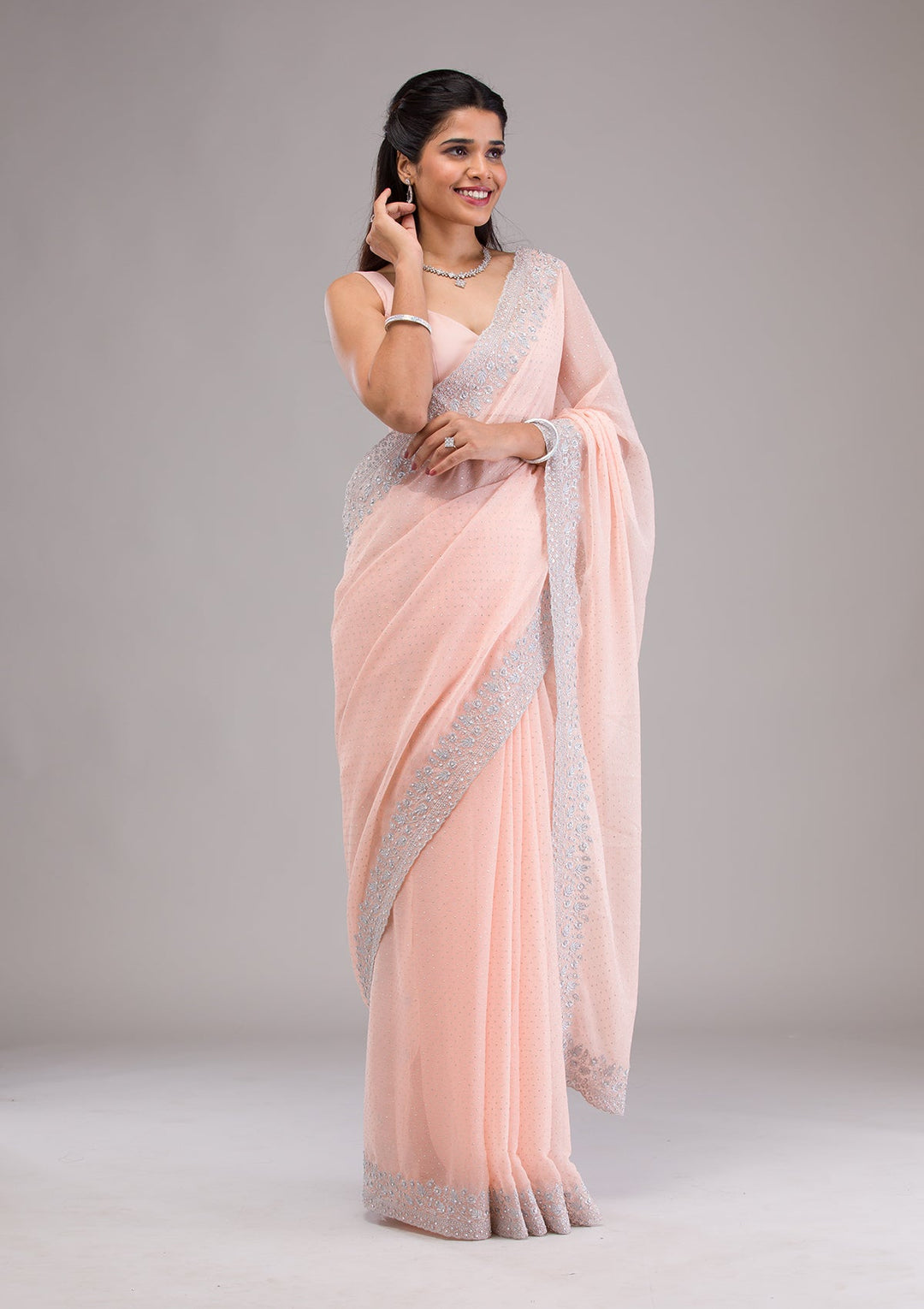 Peach Threadwork Georgette Saree-Koskii