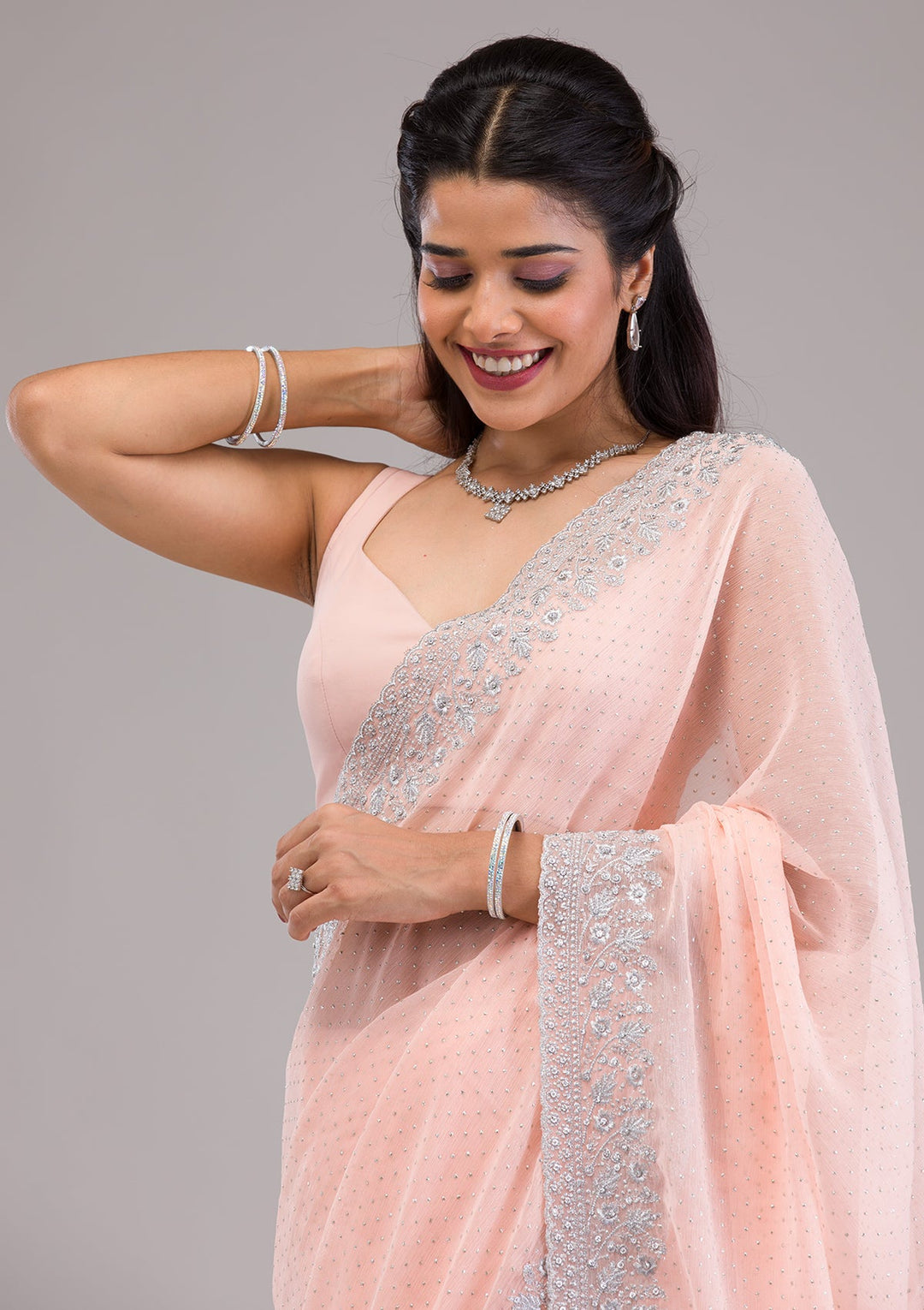 Peach Threadwork Georgette Saree-Koskii