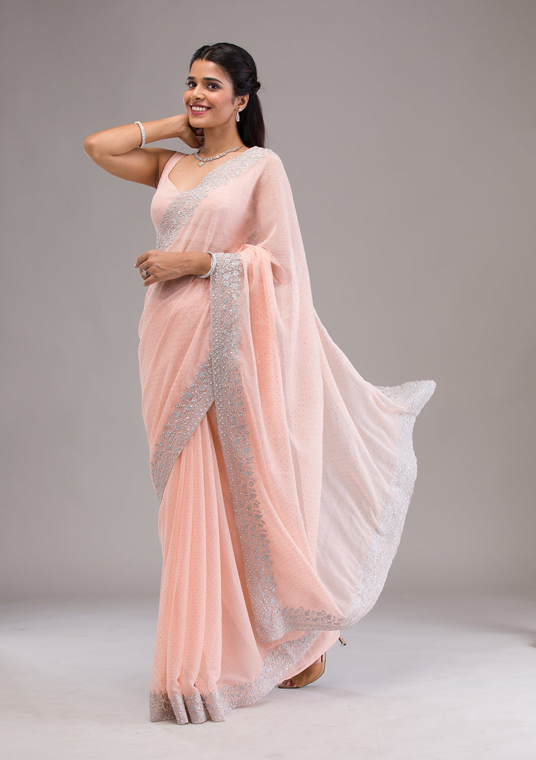 Peach Threadwork Georgette Saree-Koskii
