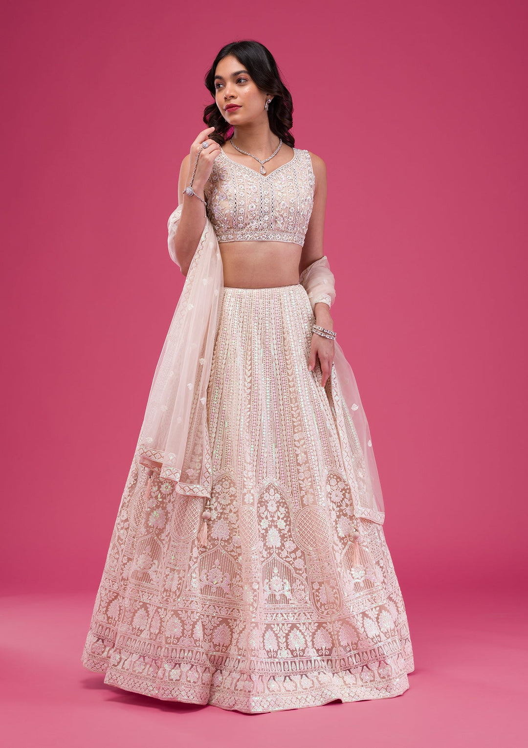 Peach Threadwork Net Readymade Lehenga-Koskii