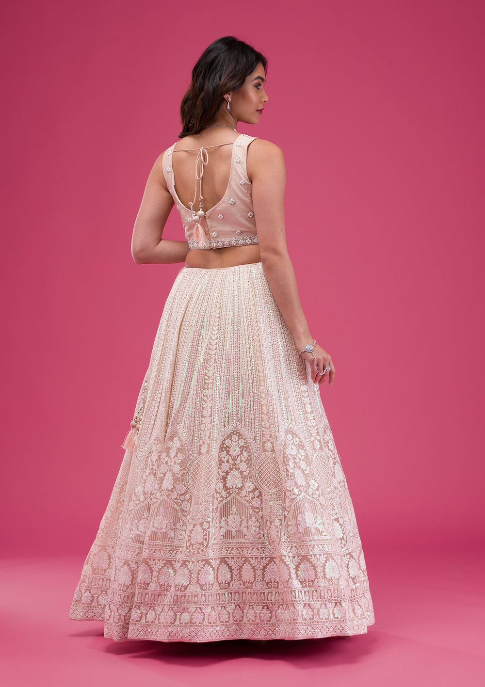 Peach Threadwork Net Readymade Lehenga-Koskii