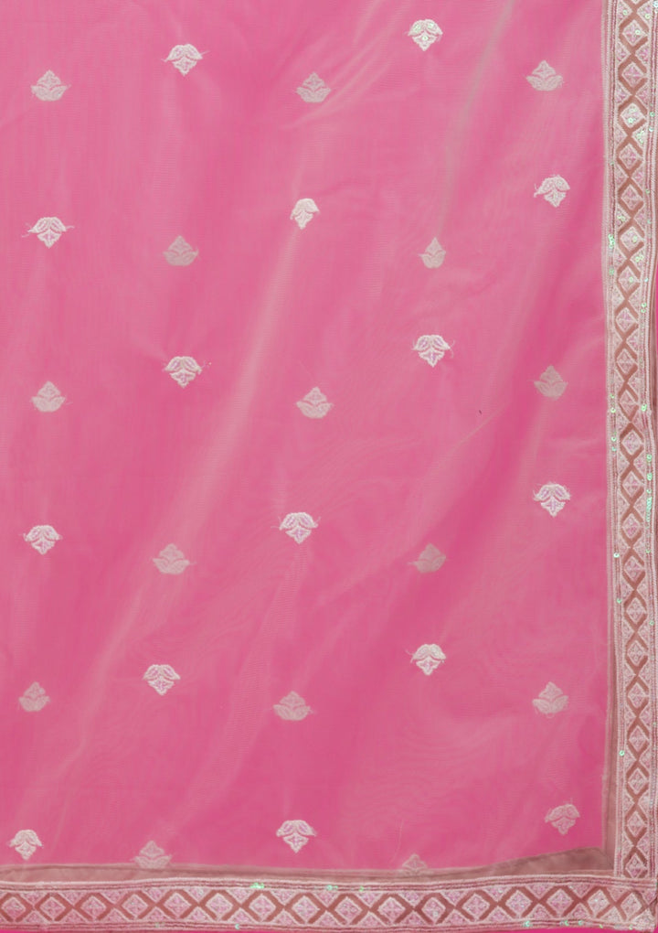 Peach Threadwork Net Readymade Lehenga-Koskii