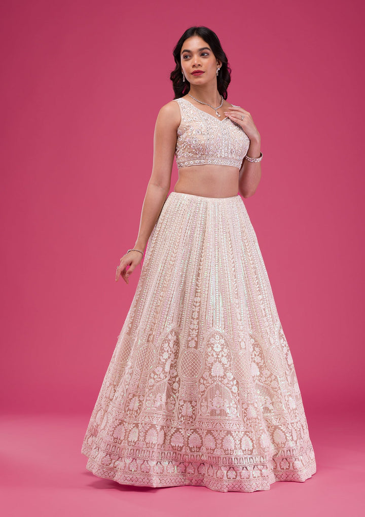 Peach Threadwork Net Readymade Lehenga-Koskii