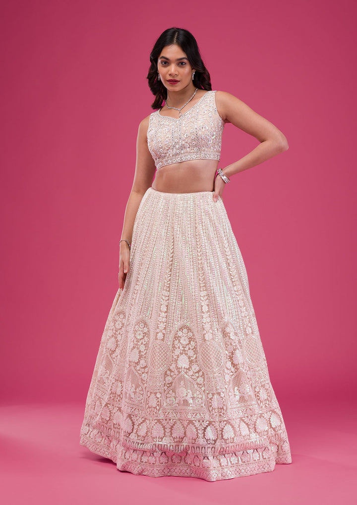 Peach Threadwork Net Readymade Lehenga-Koskii