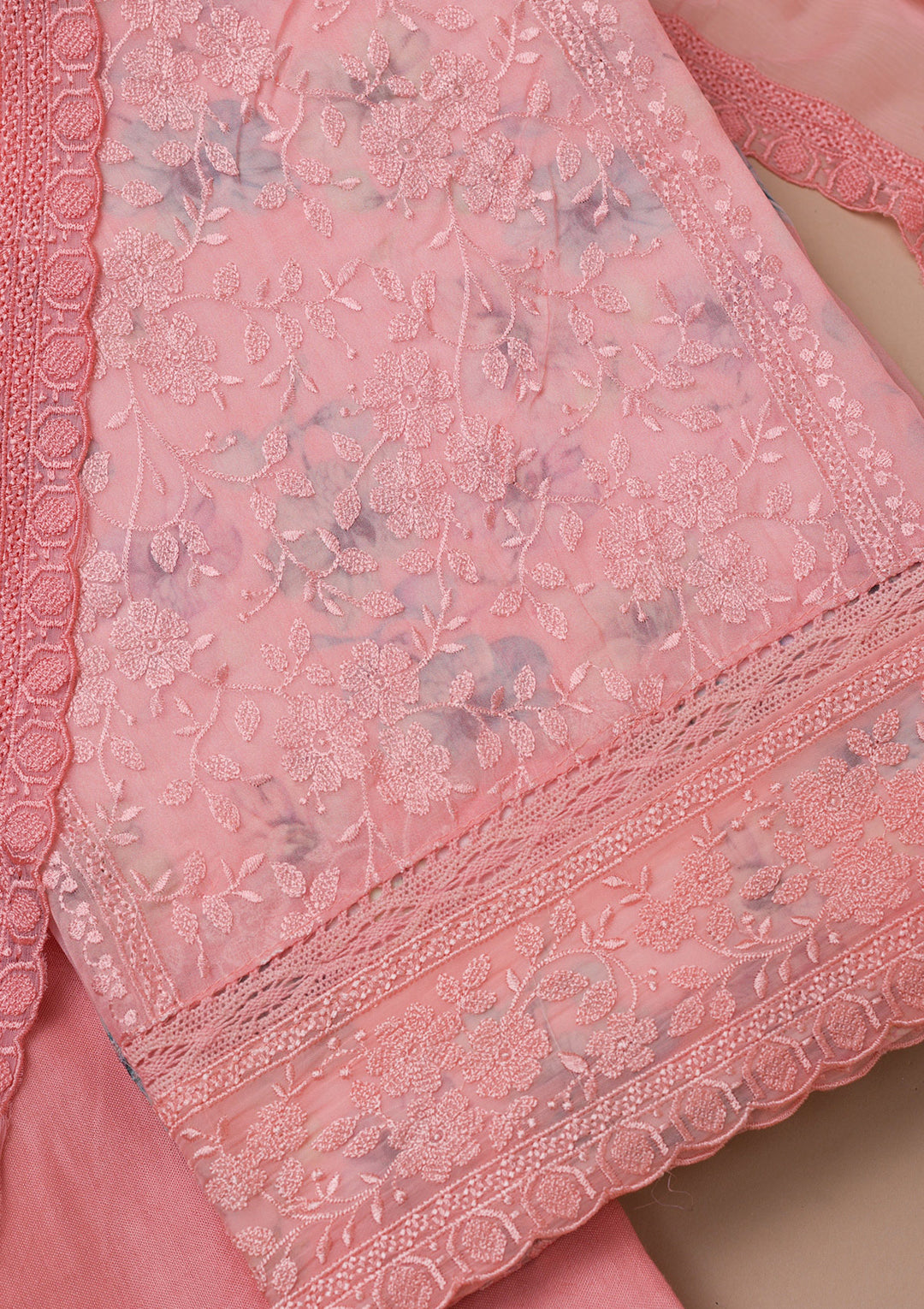 Peach Threadwork Organza Unstitched Salwar Suit
