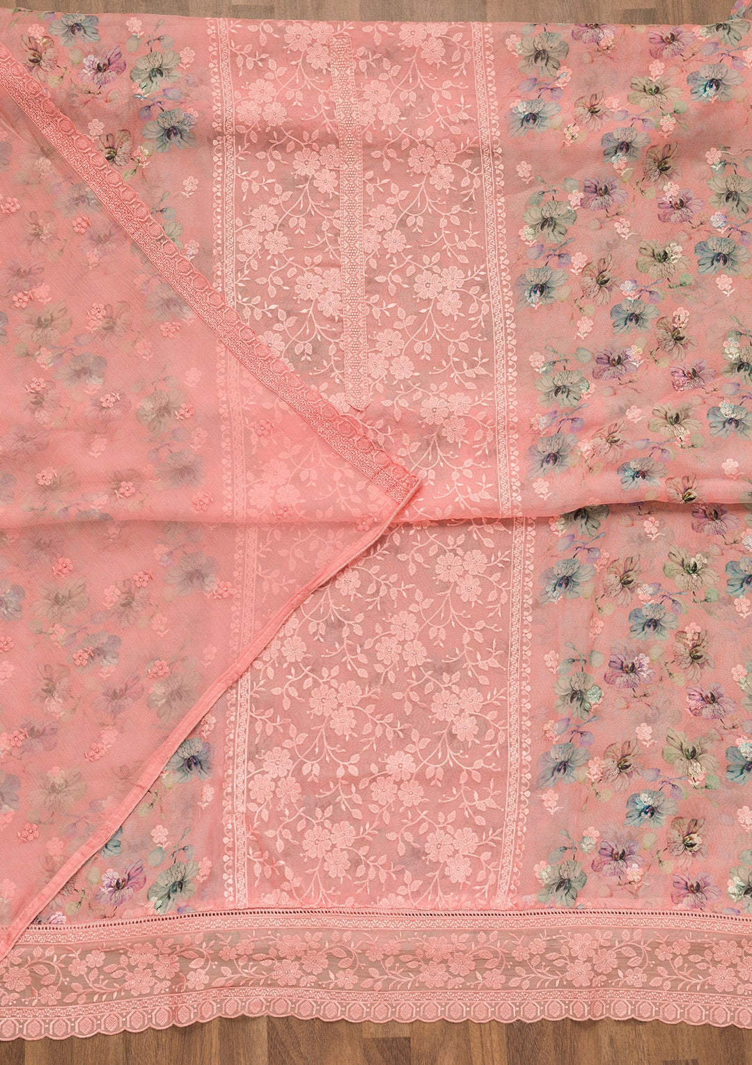 Peach Threadwork Organza Unstitched Salwar Suit-Koskii