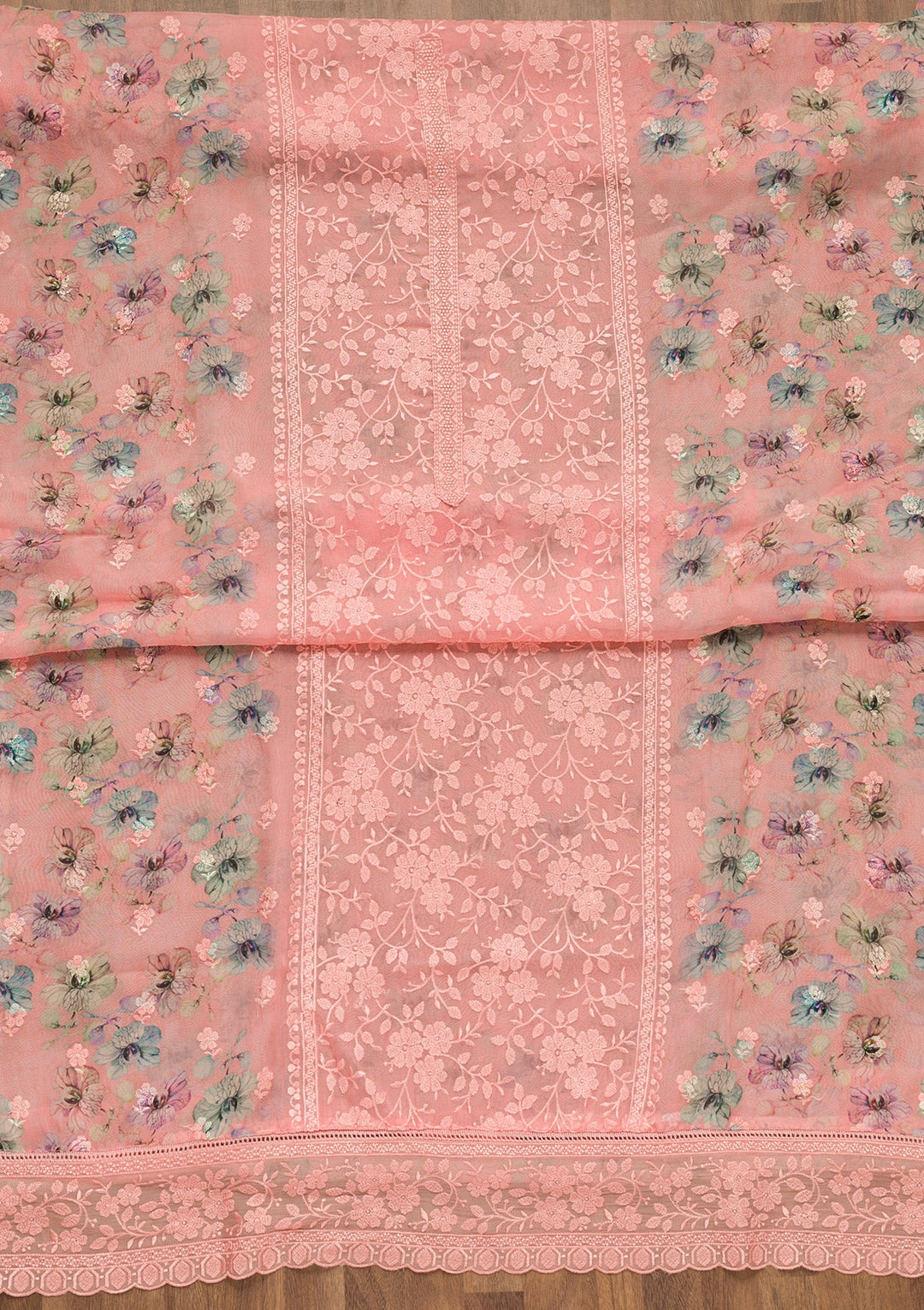 Peach Threadwork Organza Unstitched Salwar Suit-Koskii