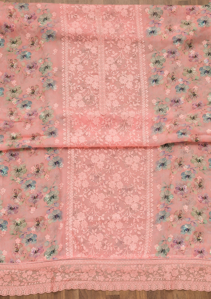 Peach Threadwork Organza Unstitched Salwar Suit-Koskii