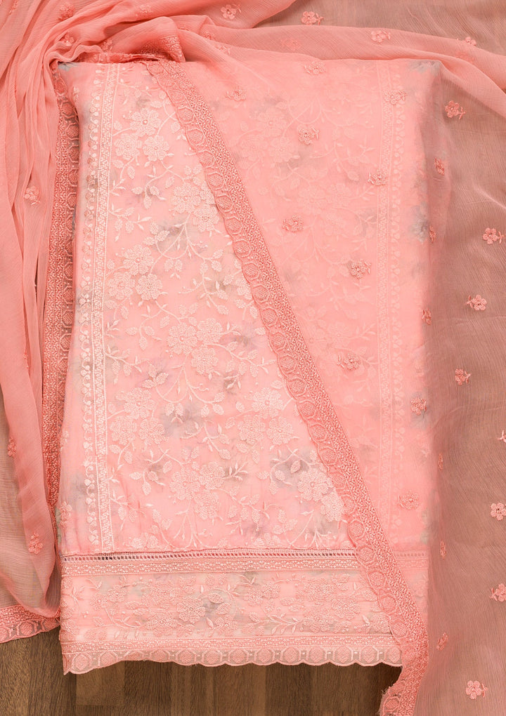 Peach Threadwork Organza Unstitched Salwar Suit-Koskii