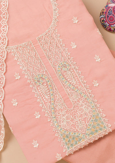 Peach Threadwork Organza Unstitched Salwar Suit-Koskii