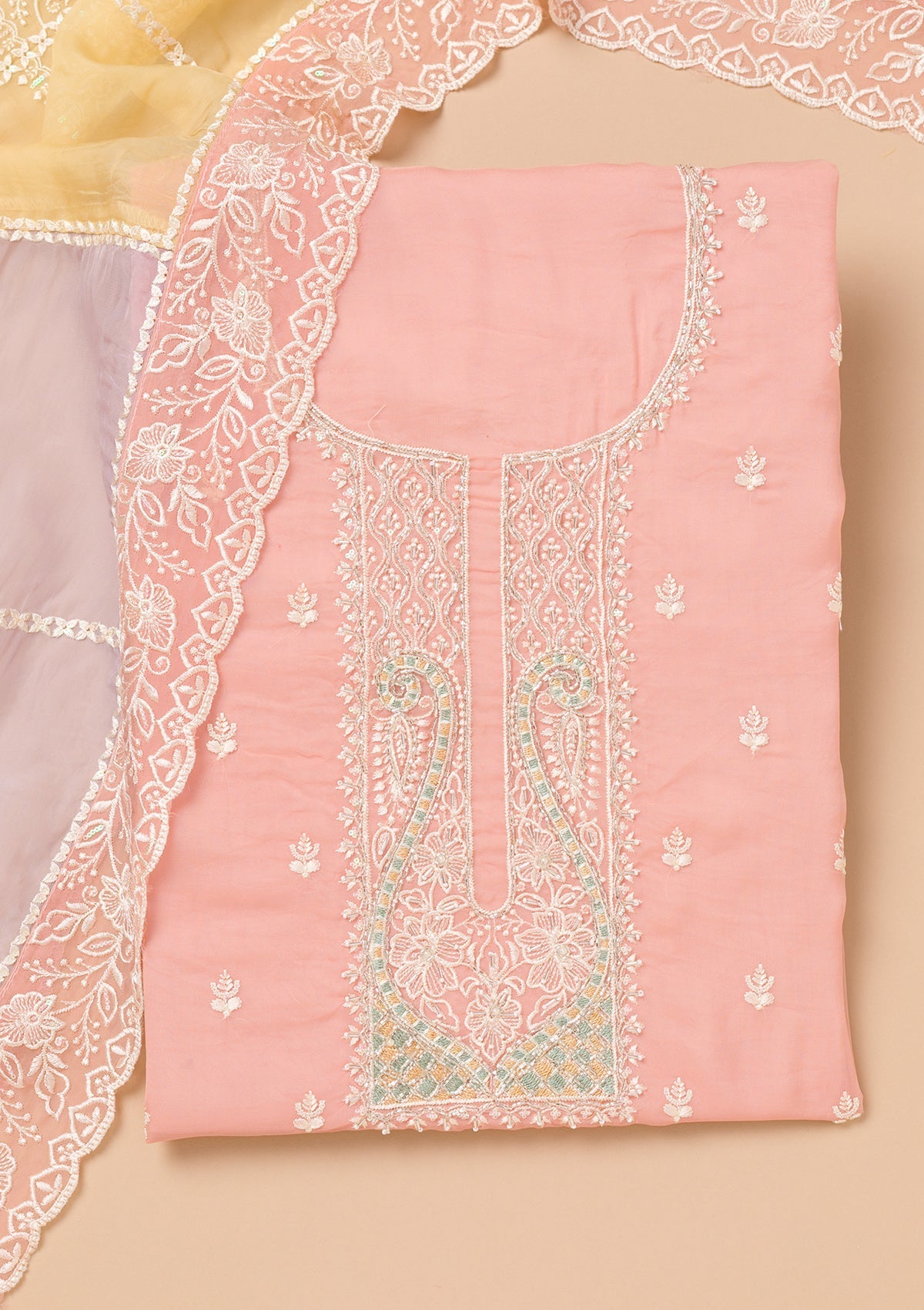 Peach Threadwork Organza Unstitched Salwar Suit-Koskii