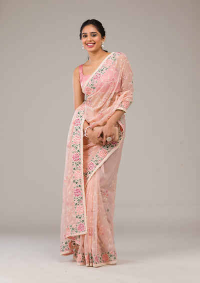 Peach Threadwork Organza Saree-Koskii