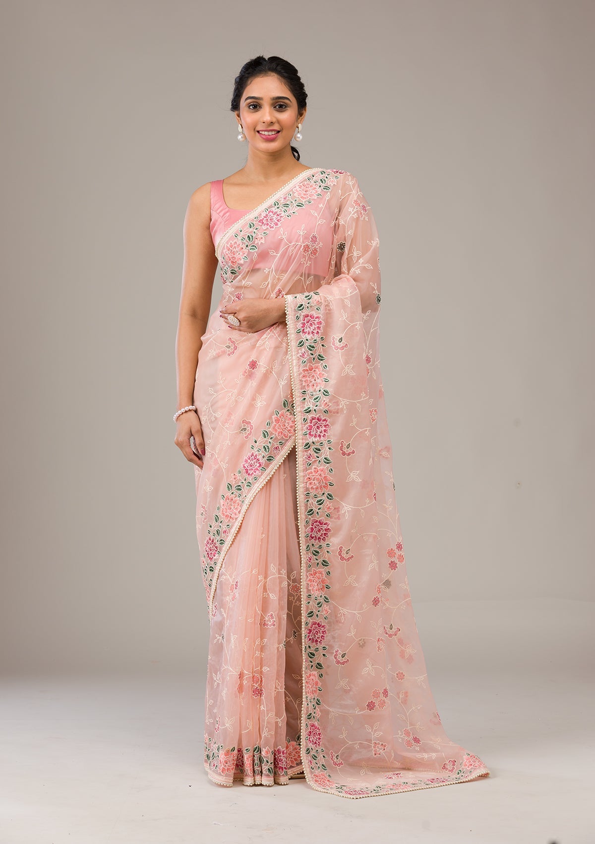 Peach Threadwork Organza Saree-Koskii