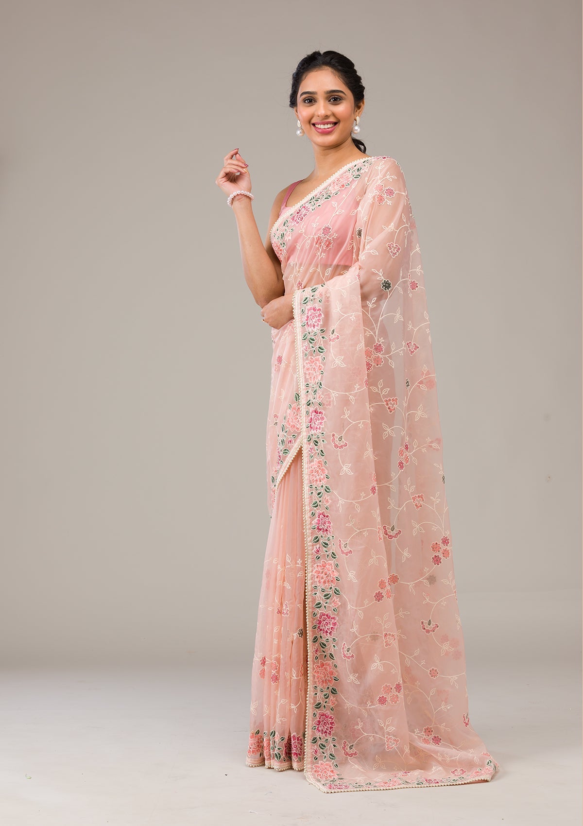 Peach Threadwork Organza Saree-Koskii