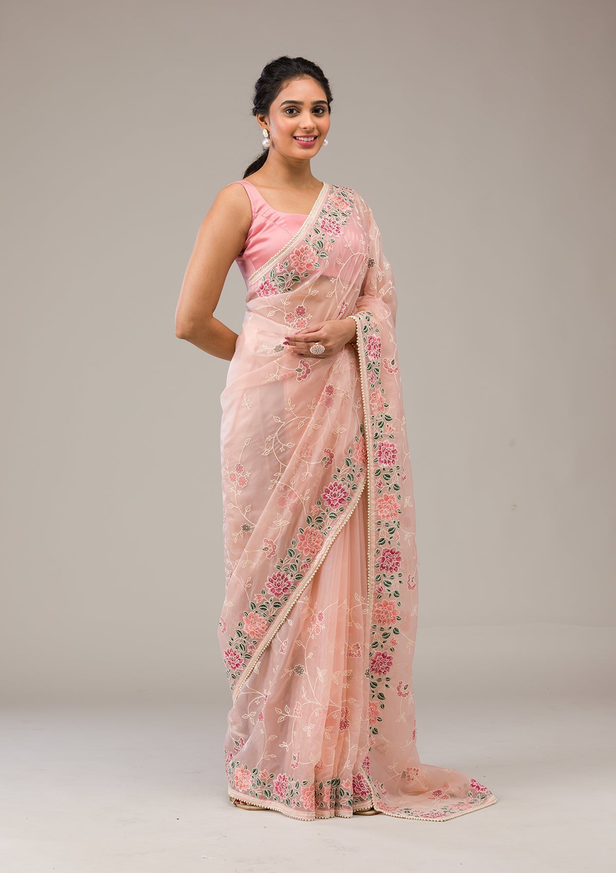 Peach Threadwork Organza Saree-Koskii