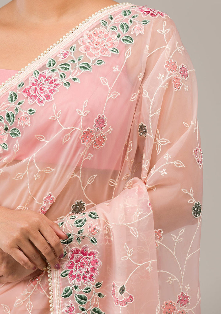 Peach Threadwork Organza Saree-Koskii
