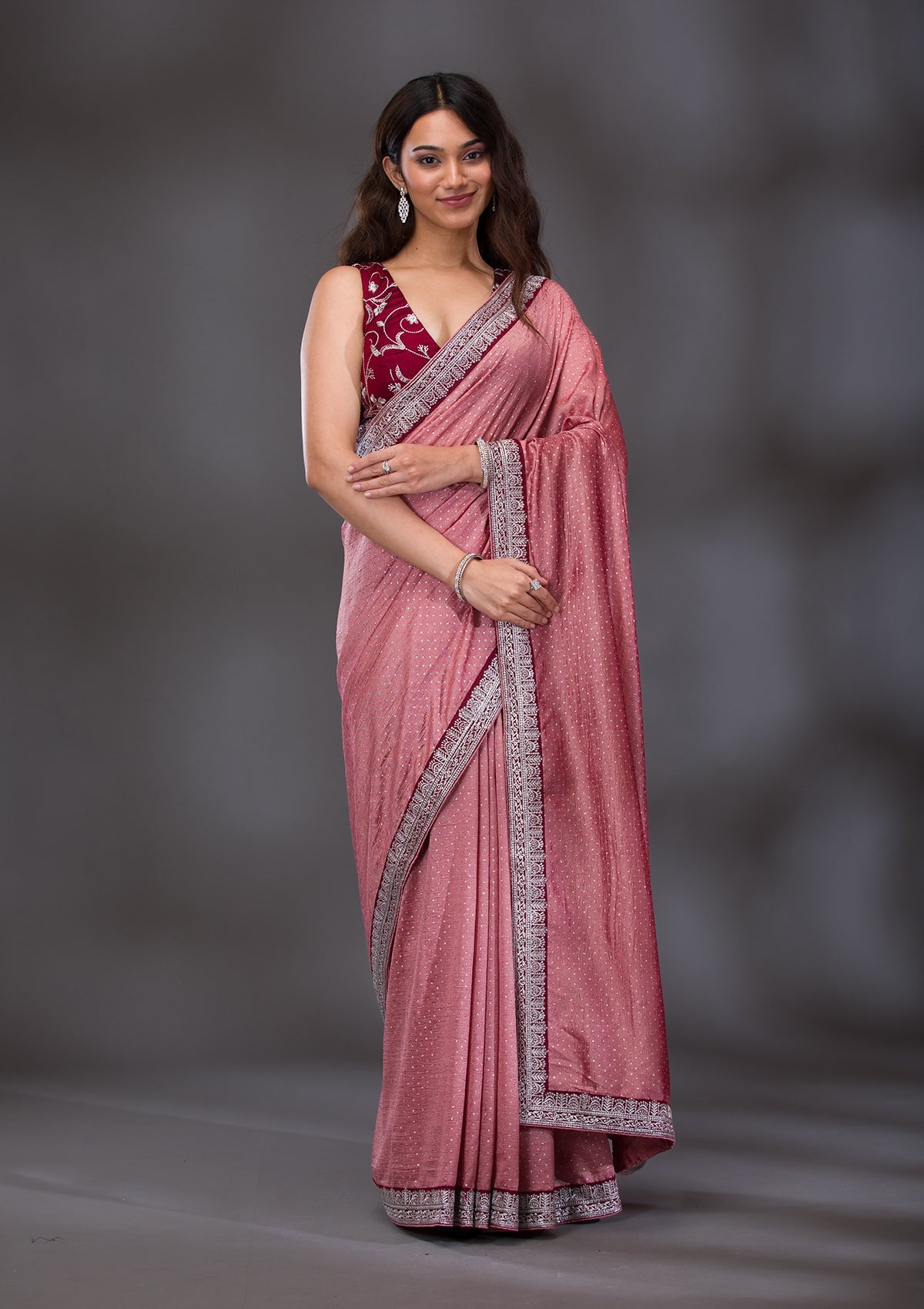 Peach Threadwork Raw Silk Saree-Koskii