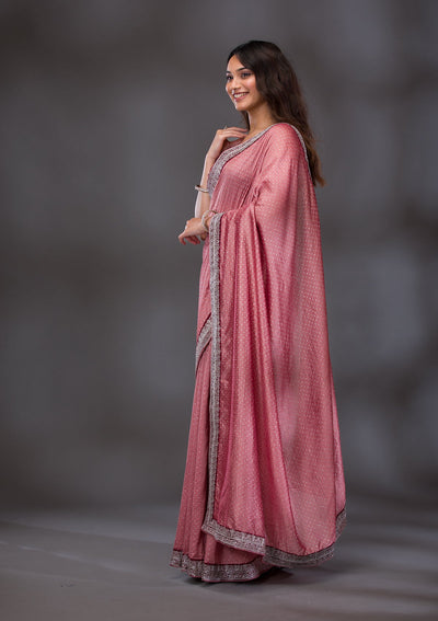 Peach Threadwork Raw Silk Saree-Koskii