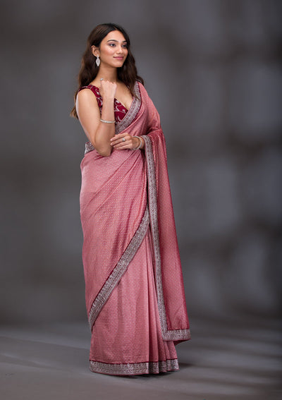 Peach Threadwork Raw Silk Saree-Koskii