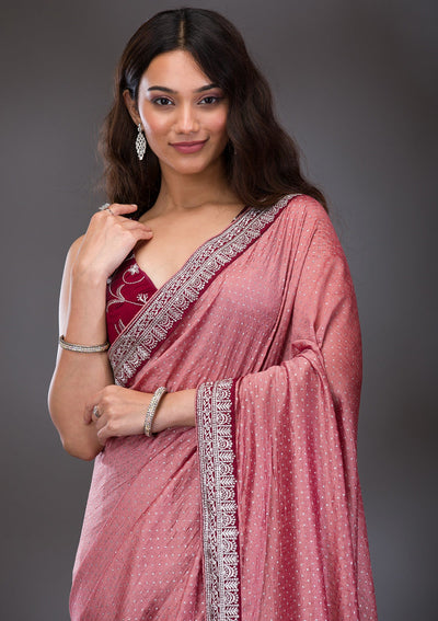 Peach Threadwork Raw Silk Saree-Koskii