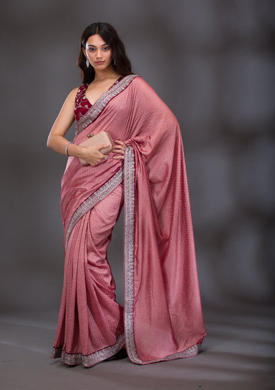 Peach Threadwork Raw Silk Saree-Koskii