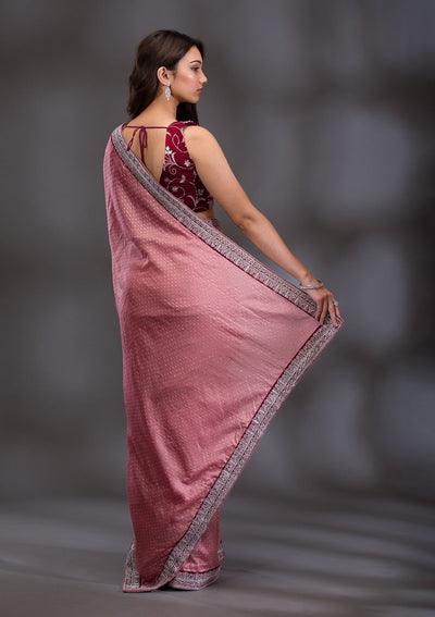 Peach Threadwork Raw Silk Saree-Koskii