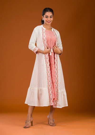 Peach Threadwork Semi Crepe Readymade Salwar Suit-Koskii