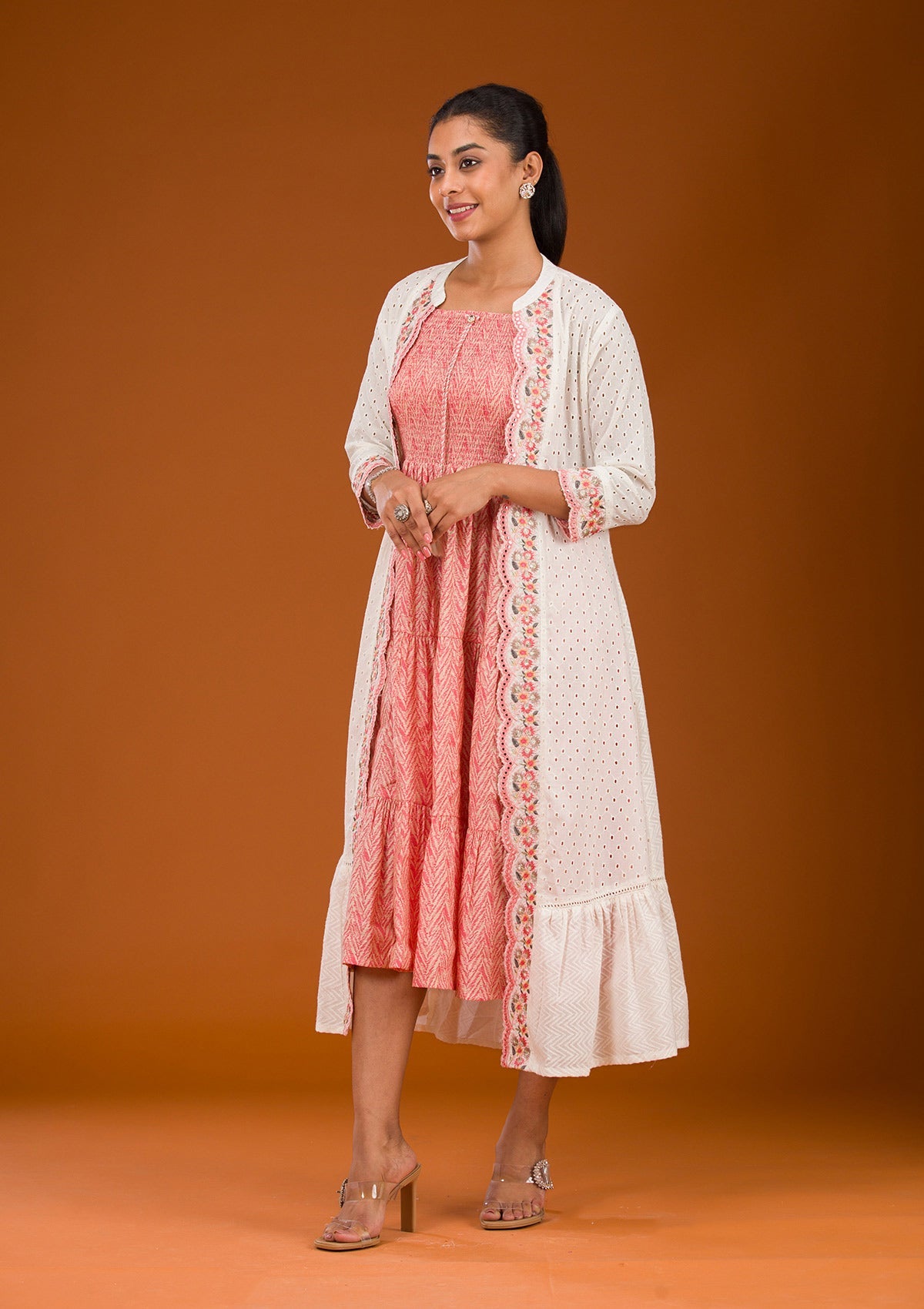 Peach Threadwork Semi Crepe Readymade Salwar Suit-Koskii