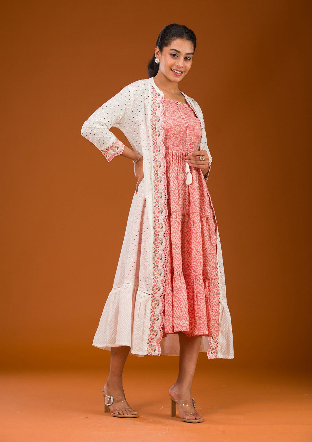 Peach Threadwork Semi Crepe Readymade Salwar Suit-Koskii