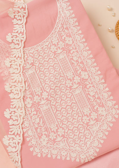 Peach Threadwork Semi Crepe Unstitched Salwar Suit-Koskii