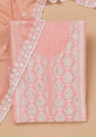 Peach Threadwork Semi Crepe Unstitched Salwar Suit-Koskii