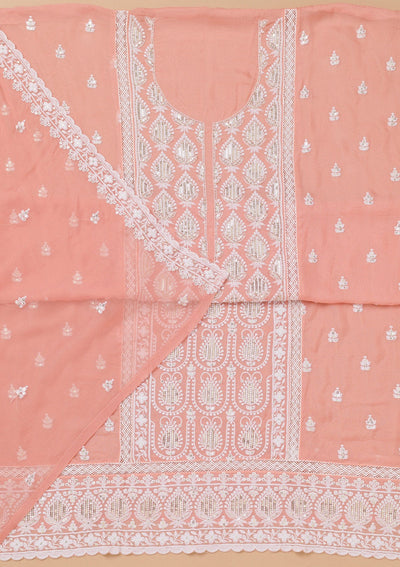 Peach Threadwork Semi Crepe Unstitched Salwar Suit-Koskii