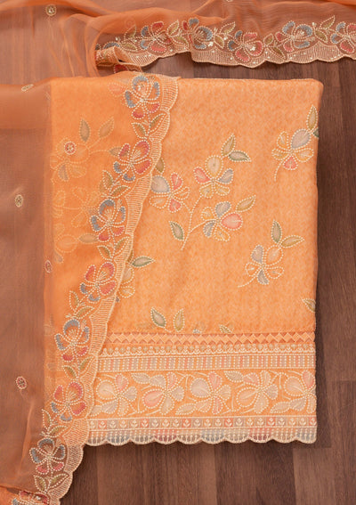 Peach Threadwork Semi Crepe Unstitched Salwar Suit-Koskii