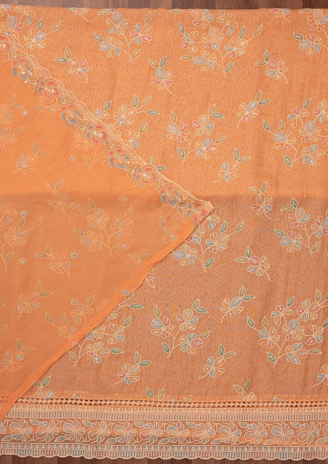 Peach Threadwork Semi Crepe Unstitched Salwar Suit-Koskii