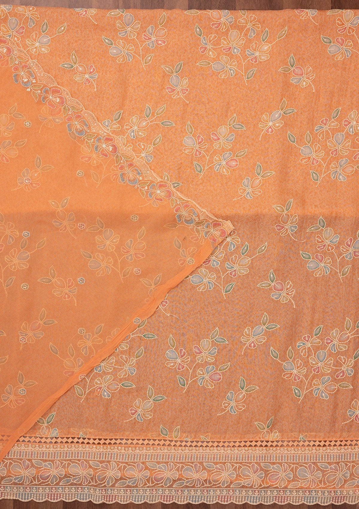 Peach Threadwork Semi Crepe Unstitched Salwar Suit-Koskii