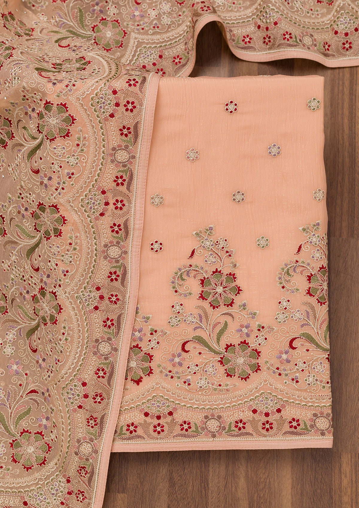 Peach Threadwork Semi Crepe Unstitched Salwar Suit-Koskii