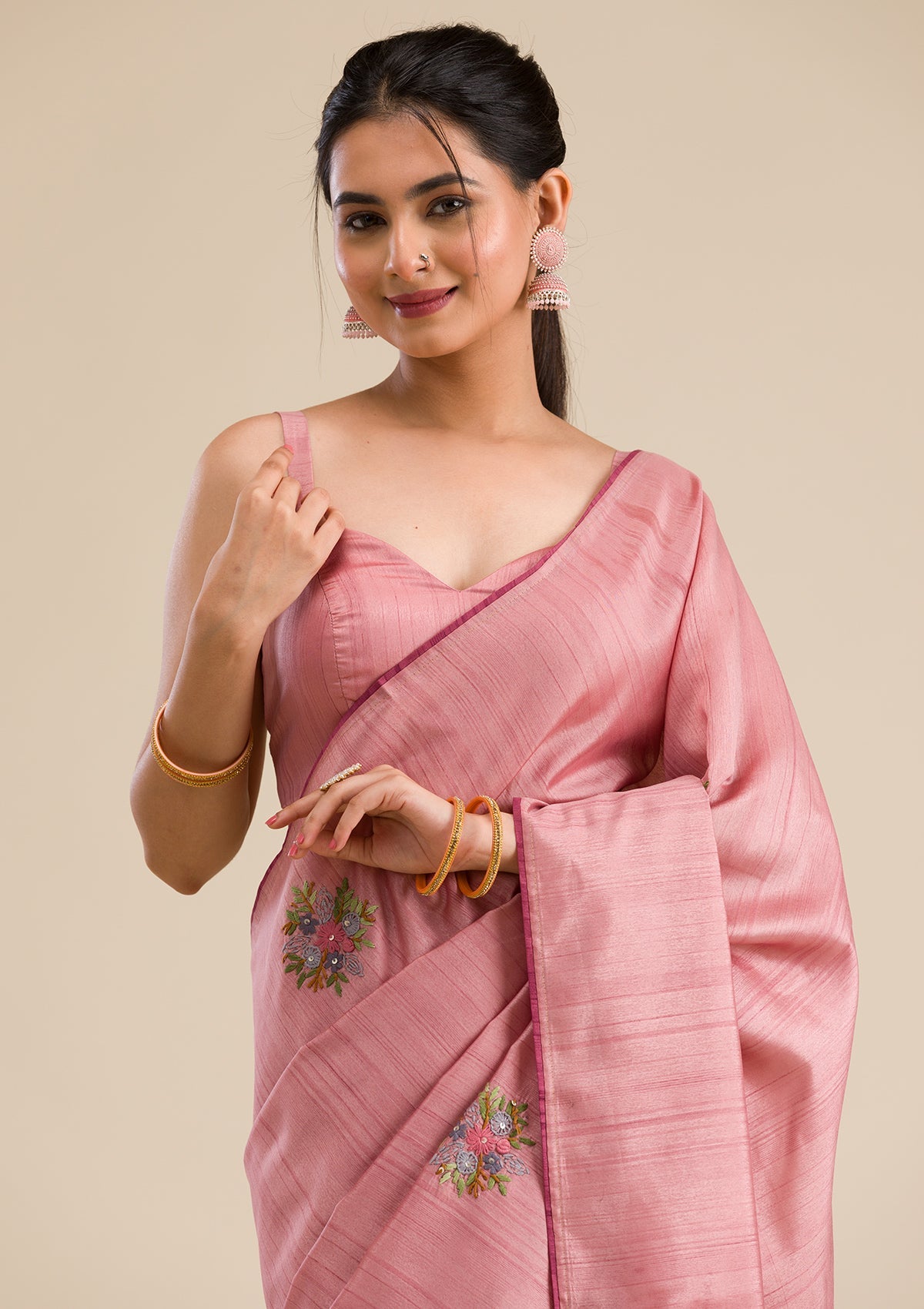 Peach Threadwork Silk Saree-Koskii