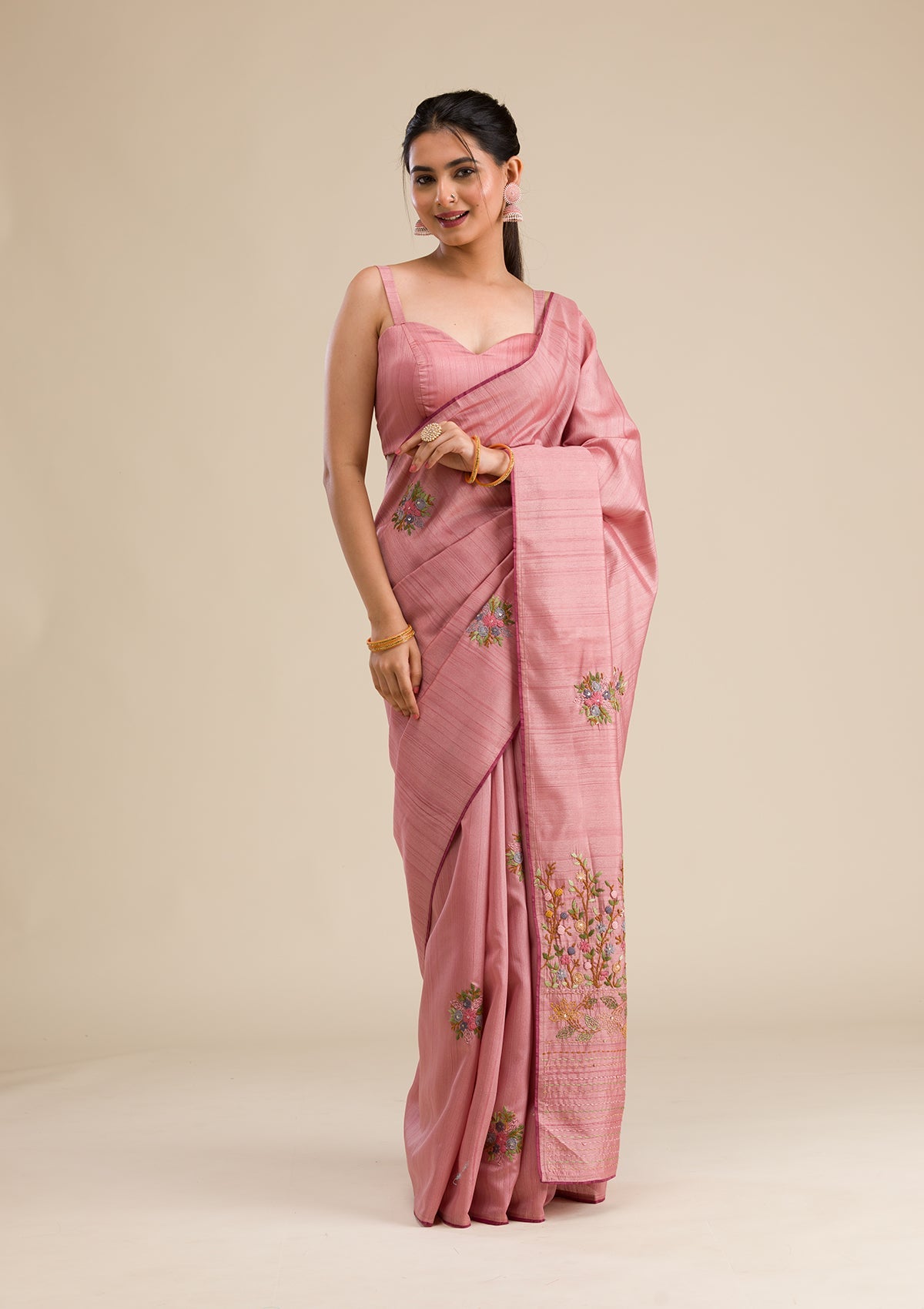 Peach Threadwork Silk Saree-Koskii