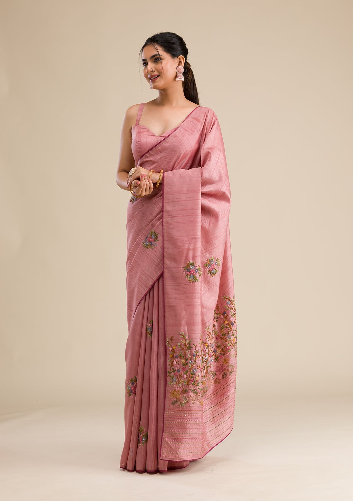 Peach Threadwork Silk Saree-Koskii