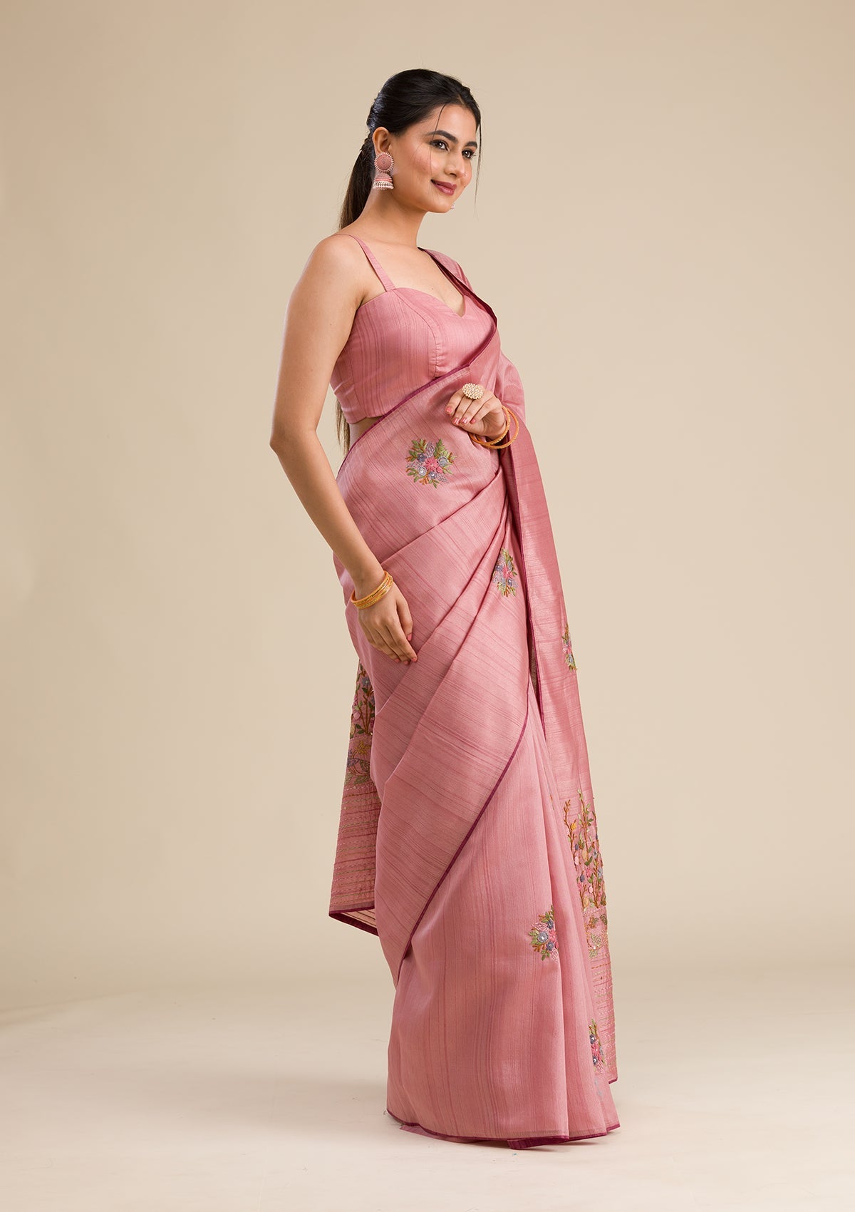 Peach Threadwork Silk Saree-Koskii