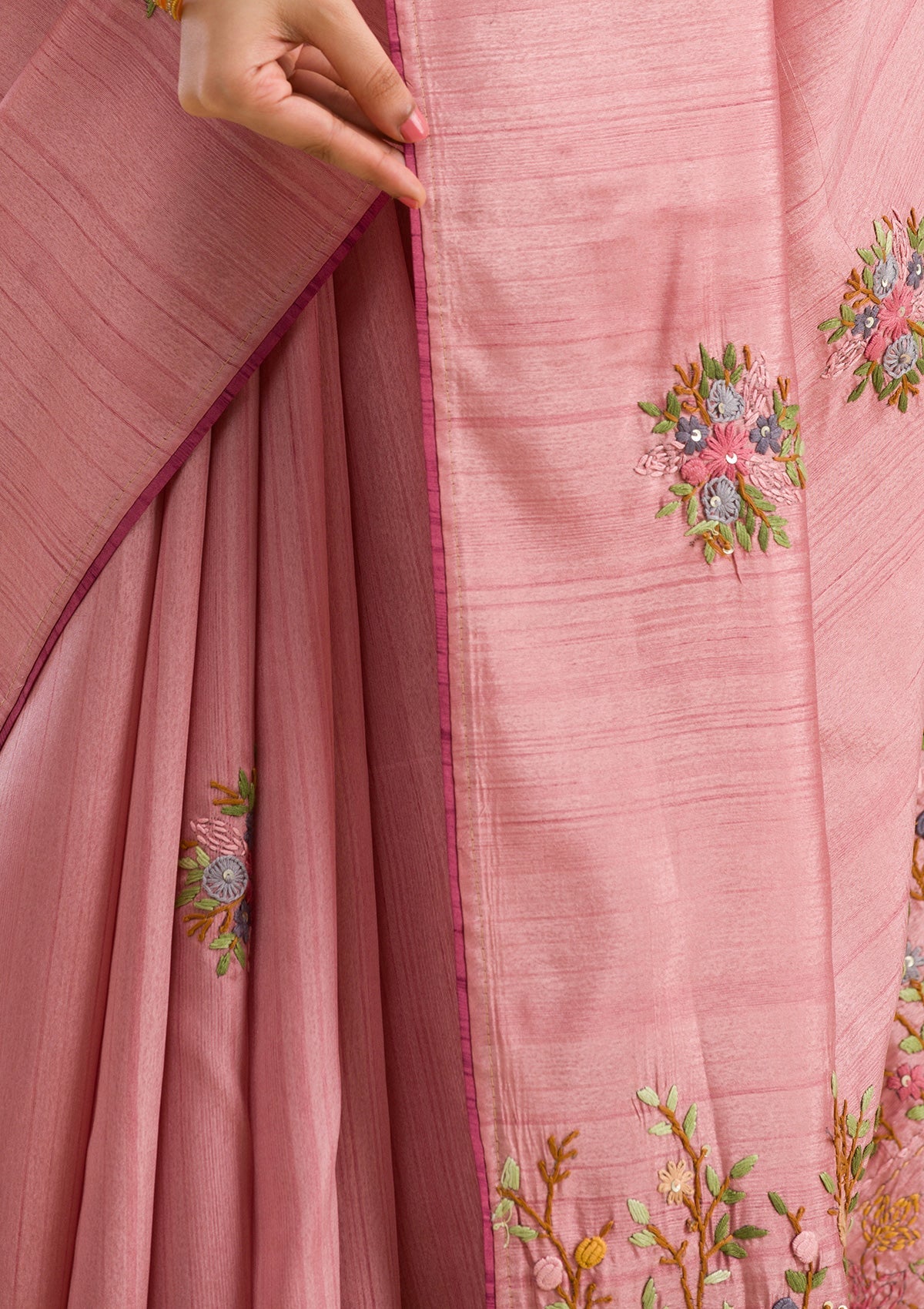 Peach Threadwork Silk Saree-Koskii