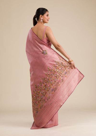 Peach Threadwork Silk Saree-Koskii