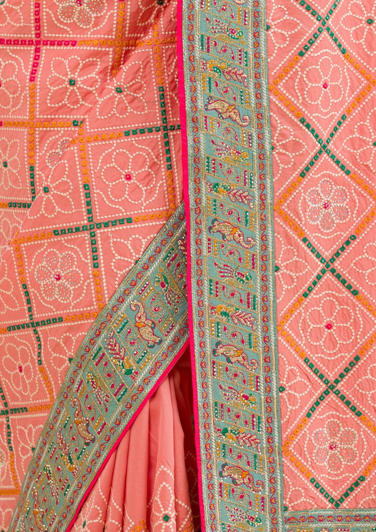 Peach Threadwork Soft Silk Saree-Koskii