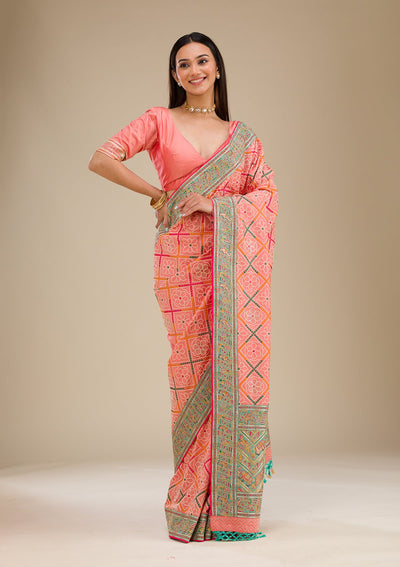 Peach Threadwork Soft Silk Saree-Koskii