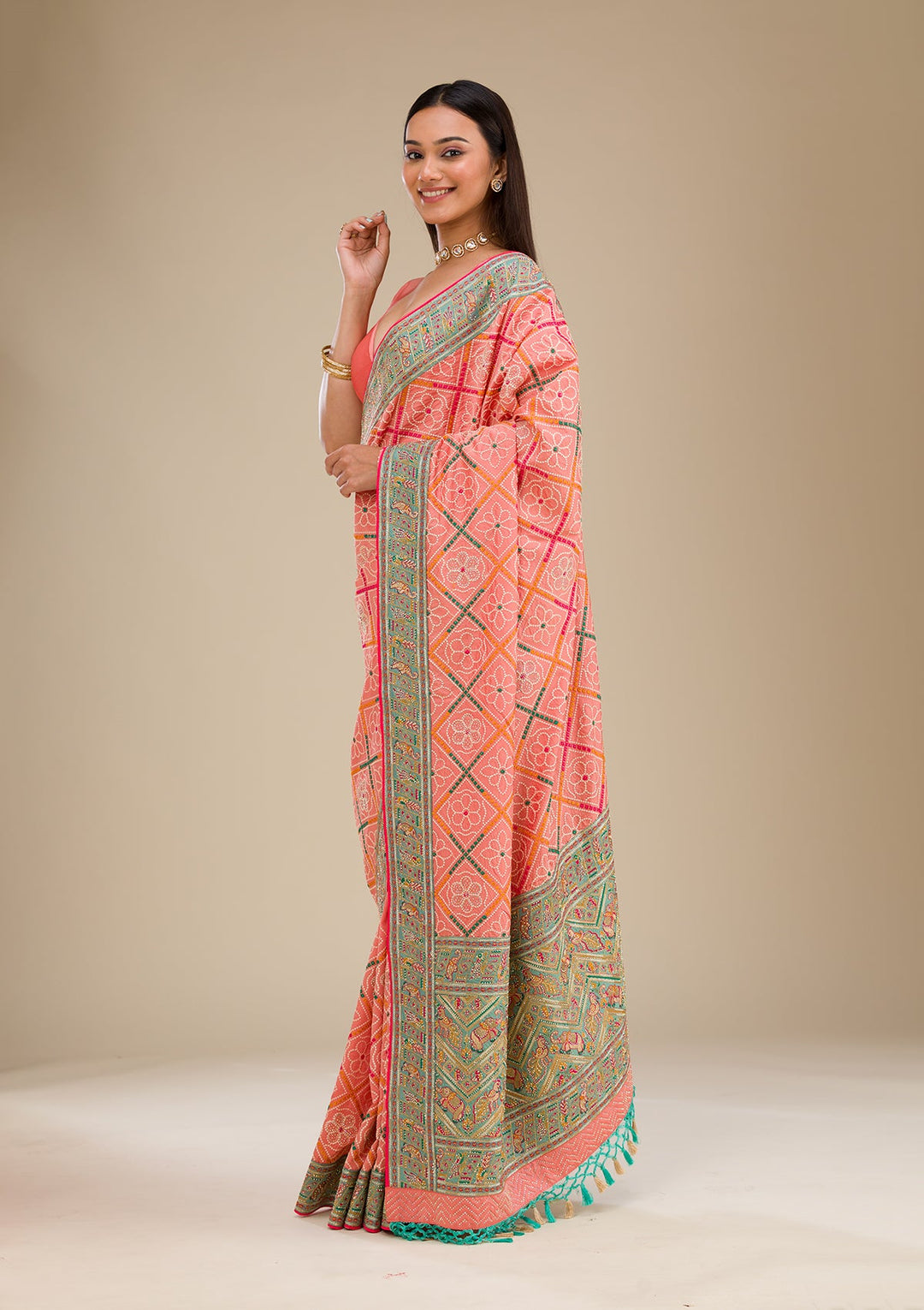 Peach Threadwork Soft Silk Saree-Koskii